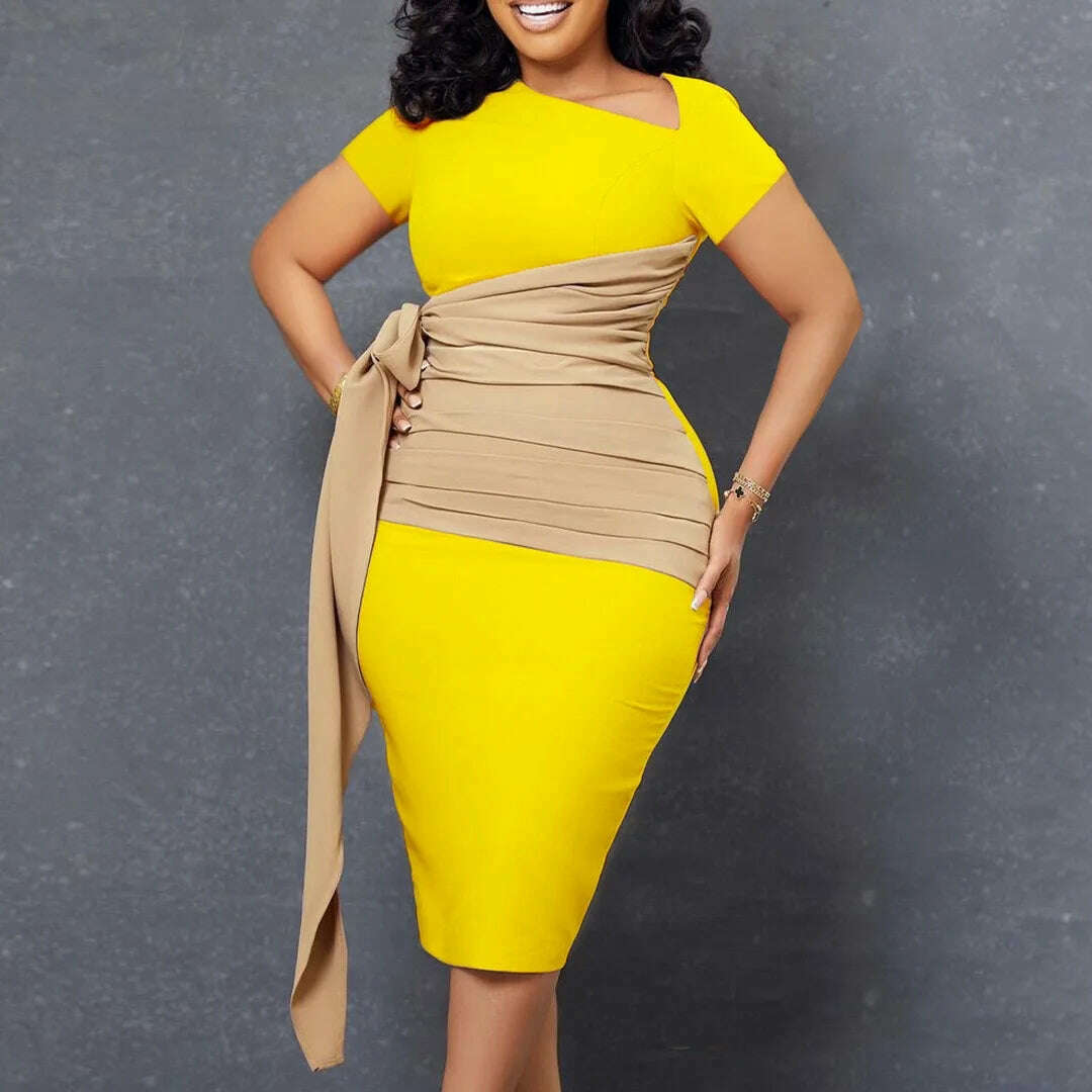 KIMLUD, Work Office Clothing for Women Ladies 2023 Formal Lantern Sleeve Bodycon Split Fashion Elegant Business Work Wear Dress Midi New, Yellow Vestido / M, KIMLUD APPAREL - Womens Clothes