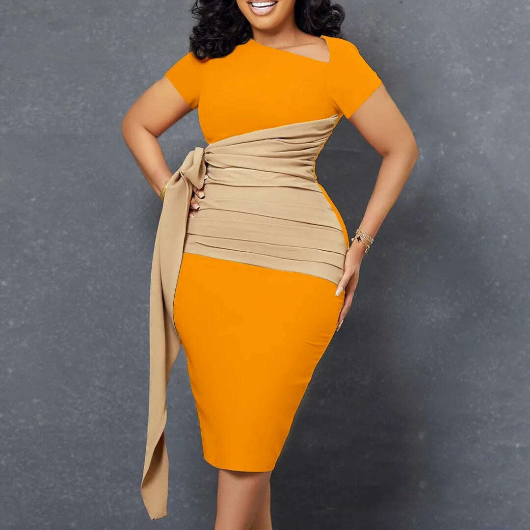 KIMLUD, Work Office Clothing for Women Ladies 2023 Formal Lantern Sleeve Bodycon Split Fashion Elegant Business Work Wear Dress Midi New, Orange Vestido / M, KIMLUD Womens Clothes