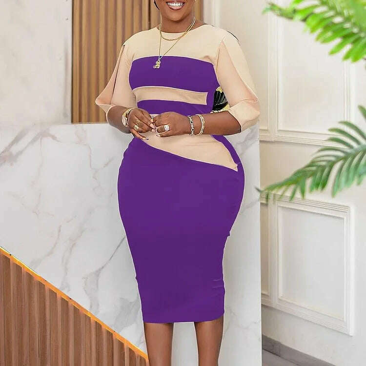 KIMLUD, Work Office Clothing for Women Ladies 2023 Formal Lantern Sleeve Bodycon Split Fashion Elegant Business Work Wear Dress Midi New, Purple Color / M, KIMLUD Womens Clothes