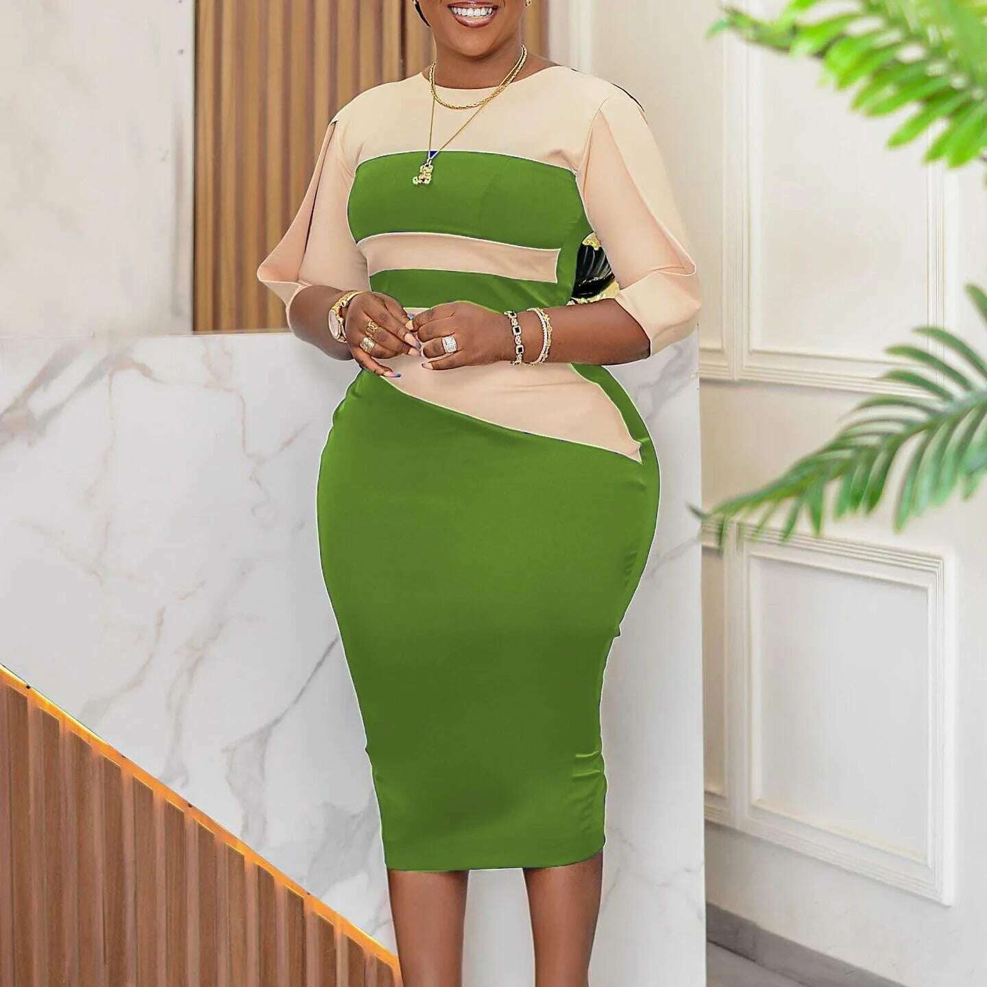 KIMLUD, Work Office Clothing for Women Ladies 2023 Formal Lantern Sleeve Bodycon Split Fashion Elegant Business Work Wear Dress Midi New, Green Color / M, KIMLUD Womens Clothes