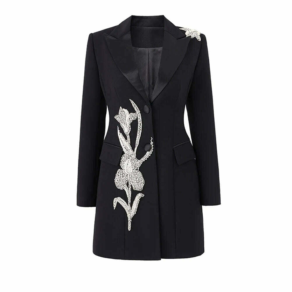 KIMLUD, Wow So Elegant Design Party Evening Style 3D Flower Stones Beadeds Notched Women Luxury Black Blazer Dress with Shoulder Pads, black / S / CHINA, KIMLUD Womens Clothes