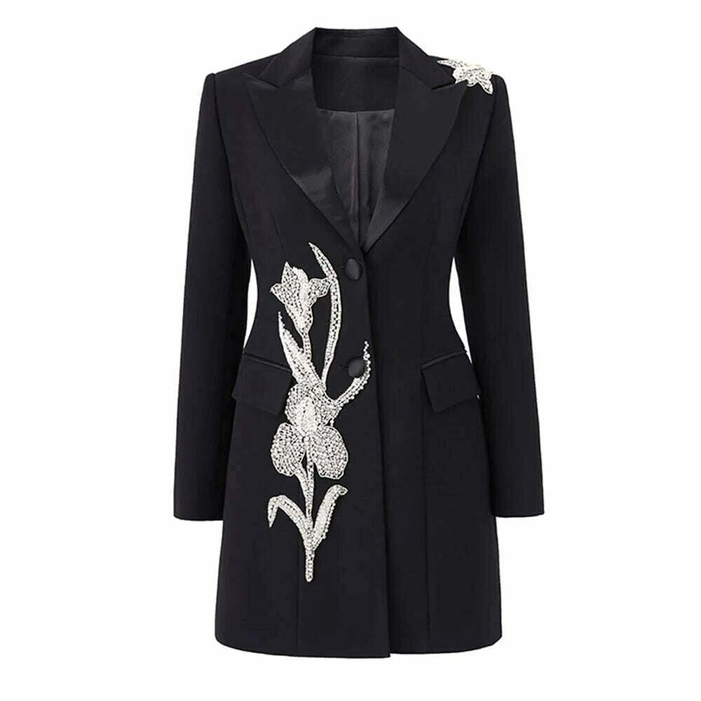 KIMLUD, Wow So Elegant Design Party Evening Style 3D Flower Stones Beadeds Notched Women Luxury Black Blazer Dress with Shoulder Pads, KIMLUD Womens Clothes
