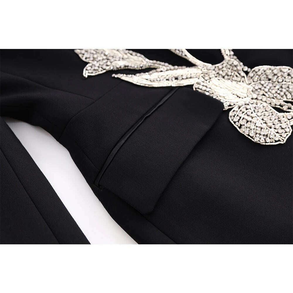 KIMLUD, Wow So Elegant Design Party Evening Style 3D Flower Stones Beadeds Notched Women Luxury Black Blazer Dress with Shoulder Pads, KIMLUD Women's Clothes