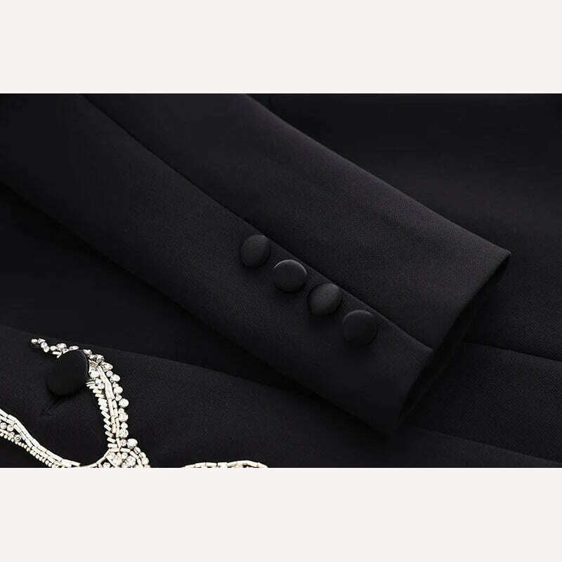 KIMLUD, Wow So Elegant Design Party Evening Style 3D Flower Stones Beadeds Notched Women Luxury Black Blazer Dress with Shoulder Pads, KIMLUD Women's Clothes