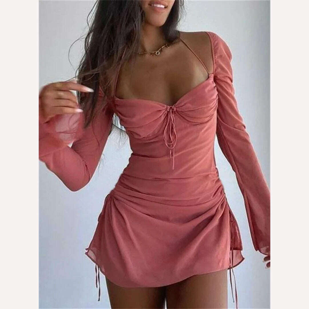 KIMLUD, wsevypo Elegant Off-Shoulder Halter Short Dress Women Long Flare Sleeve Side Drawstring Ruched Mini Dress A-Line Party Vestidos, Pink / S, KIMLUD Womens Clothes