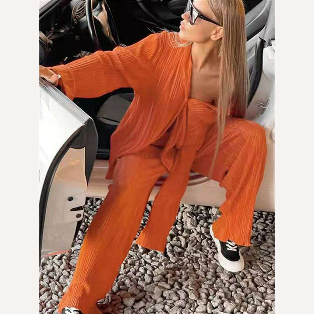 wsevypo Women Pleated 2 Piece Pants Sets Spring Summer Streetwear Long Sleeve Button Down Shirt+Straight-Leg Pants Loose Outfits - KIMLUD