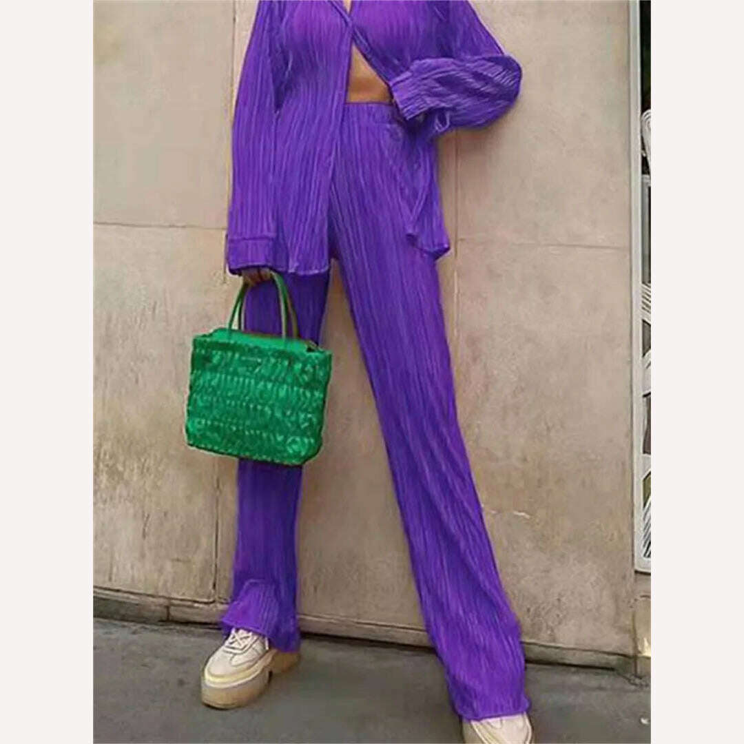 wsevypo Women Pleated 2 Piece Pants Sets Spring Summer Streetwear Long Sleeve Button Down Shirt+Straight-Leg Pants Loose Outfits - KIMLUD