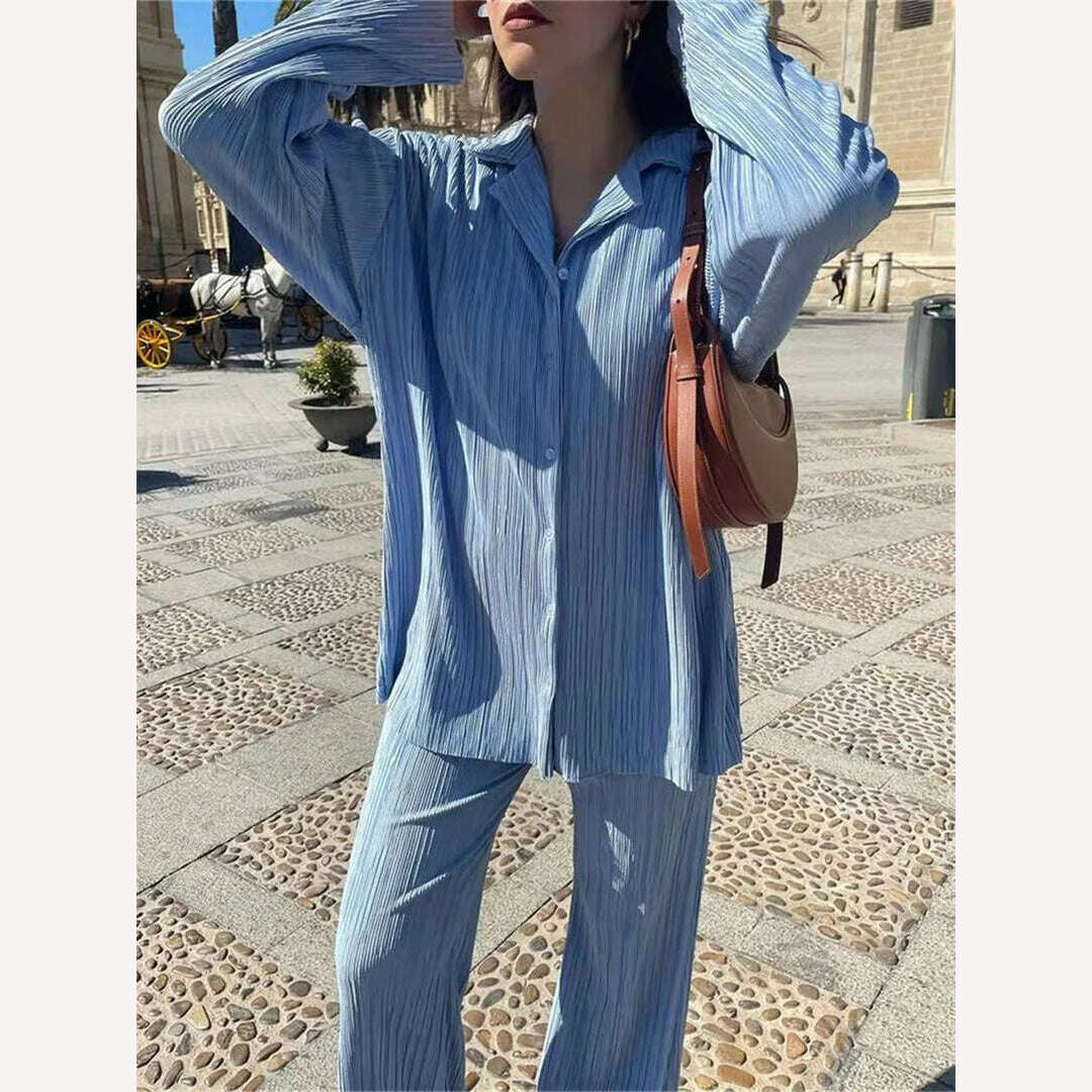 wsevypo Women Pleated 2 Piece Pants Sets Spring Summer Streetwear Long Sleeve Button Down Shirt+Straight-Leg Pants Loose Outfits - KIMLUD