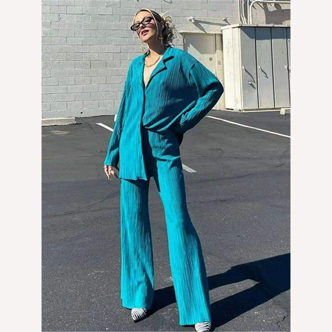 wsevypo Women Pleated 2 Piece Pants Sets Spring Summer Streetwear Long Sleeve Button Down Shirt+Straight-Leg Pants Loose Outfits - KIMLUD