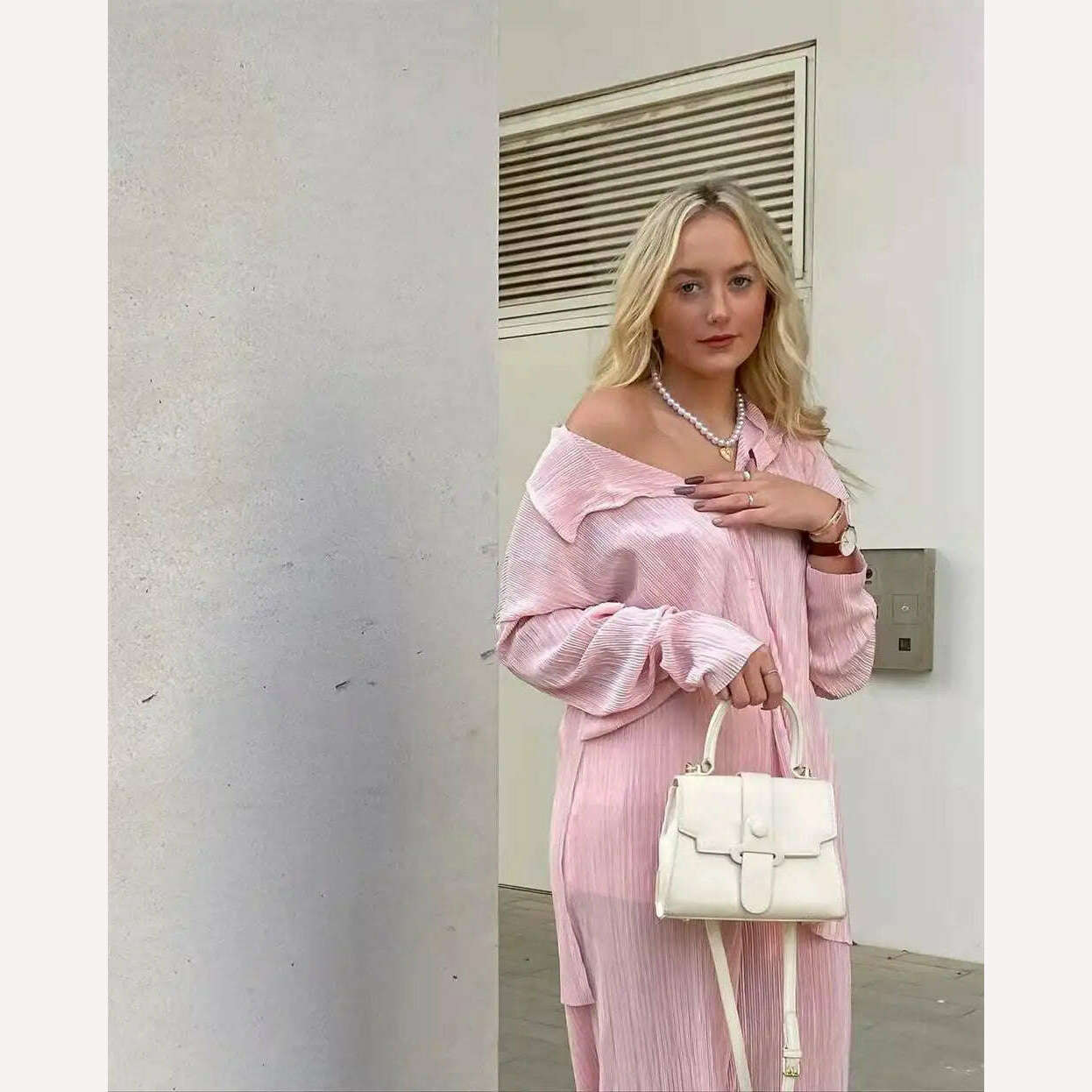 wsevypo Women Pleated 2 Piece Pants Sets Spring Summer Streetwear Long Sleeve Button Down Shirt+Straight-Leg Pants Loose Outfits - KIMLUD