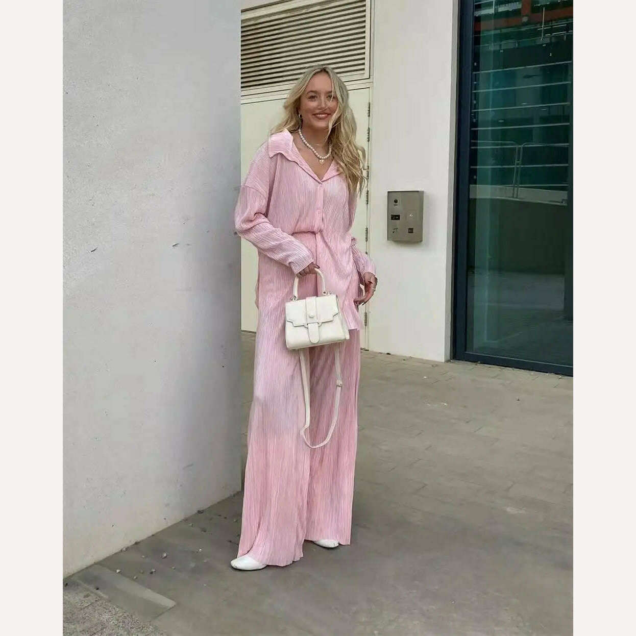 wsevypo Women Pleated 2 Piece Pants Sets Spring Summer Streetwear Long Sleeve Button Down Shirt+Straight-Leg Pants Loose Outfits - KIMLUD
