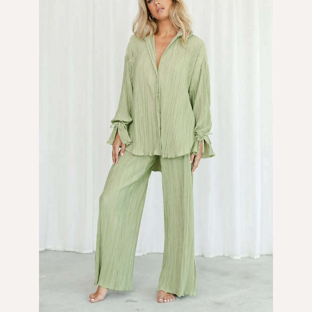 KIMLUD, wsevypo Women Two-piece Pleated Pants Suits Casual Chic Solid Color Long Sleeve Button down Shirts and Straight Leg Trousers Set, Light Green / S, KIMLUD Womens Clothes