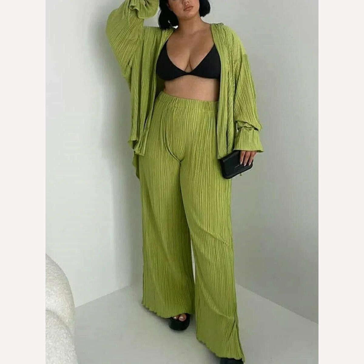 KIMLUD, wsevypo Women Two-piece Pleated Pants Suits Casual Chic Solid Color Long Sleeve Button down Shirts and Straight Leg Trousers Set, Green / S, KIMLUD Womens Clothes