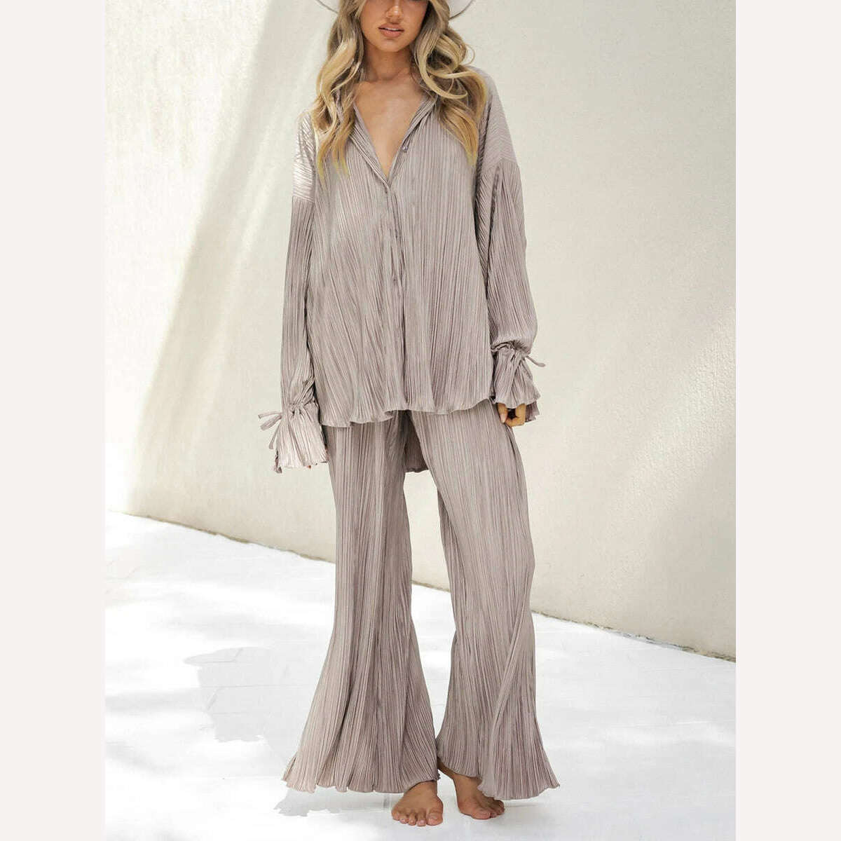 KIMLUD, wsevypo Women Two-piece Pleated Pants Suits Casual Chic Solid Color Long Sleeve Button down Shirts and Straight Leg Trousers Set, KIMLUD Womens Clothes
