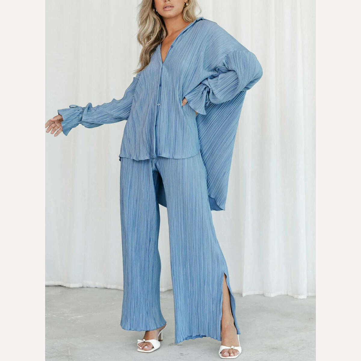 KIMLUD, wsevypo Women Two-piece Pleated Pants Suits Casual Chic Solid Color Long Sleeve Button down Shirts and Straight Leg Trousers Set, KIMLUD Womens Clothes
