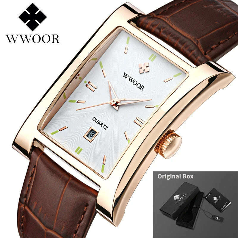 KIMLUD, WWOOR Brand Classic Fashion Mens Rectangle Watches Male Gold Brown Leather Quartz Waterproof Wrist Watch For Men Calendar Clocks, Gold White, KIMLUD Women's Clothes