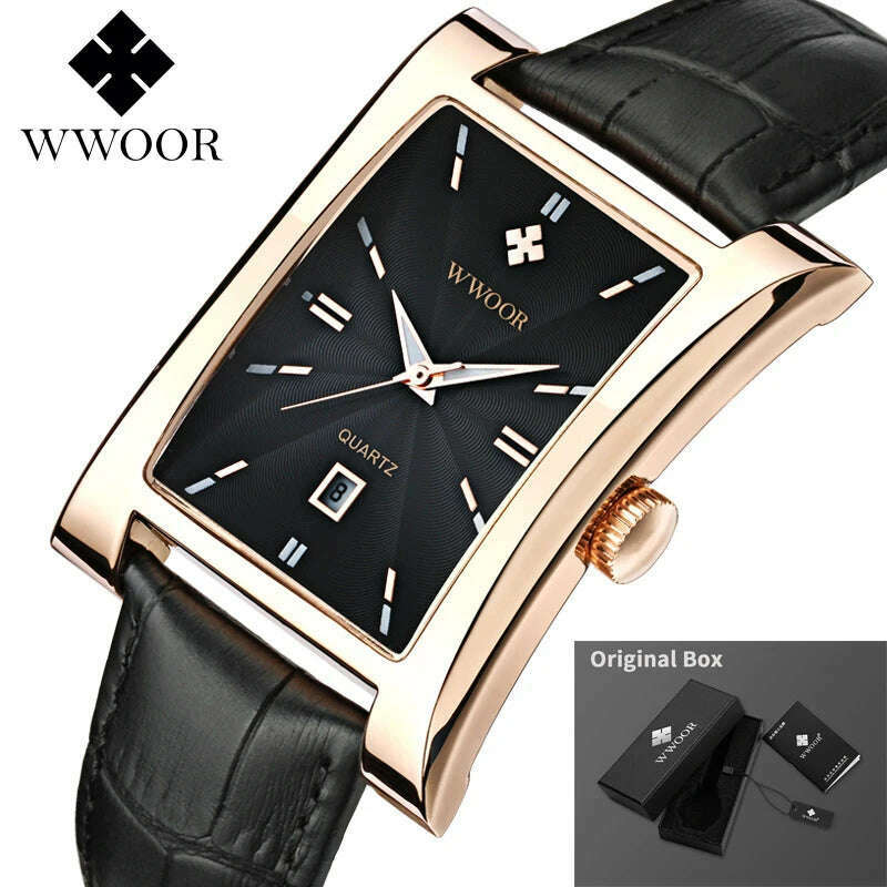 KIMLUD, WWOOR Brand Classic Fashion Mens Rectangle Watches Male Gold Brown Leather Quartz Waterproof Wrist Watch For Men Calendar Clocks, Gold Black, KIMLUD Women's Clothes