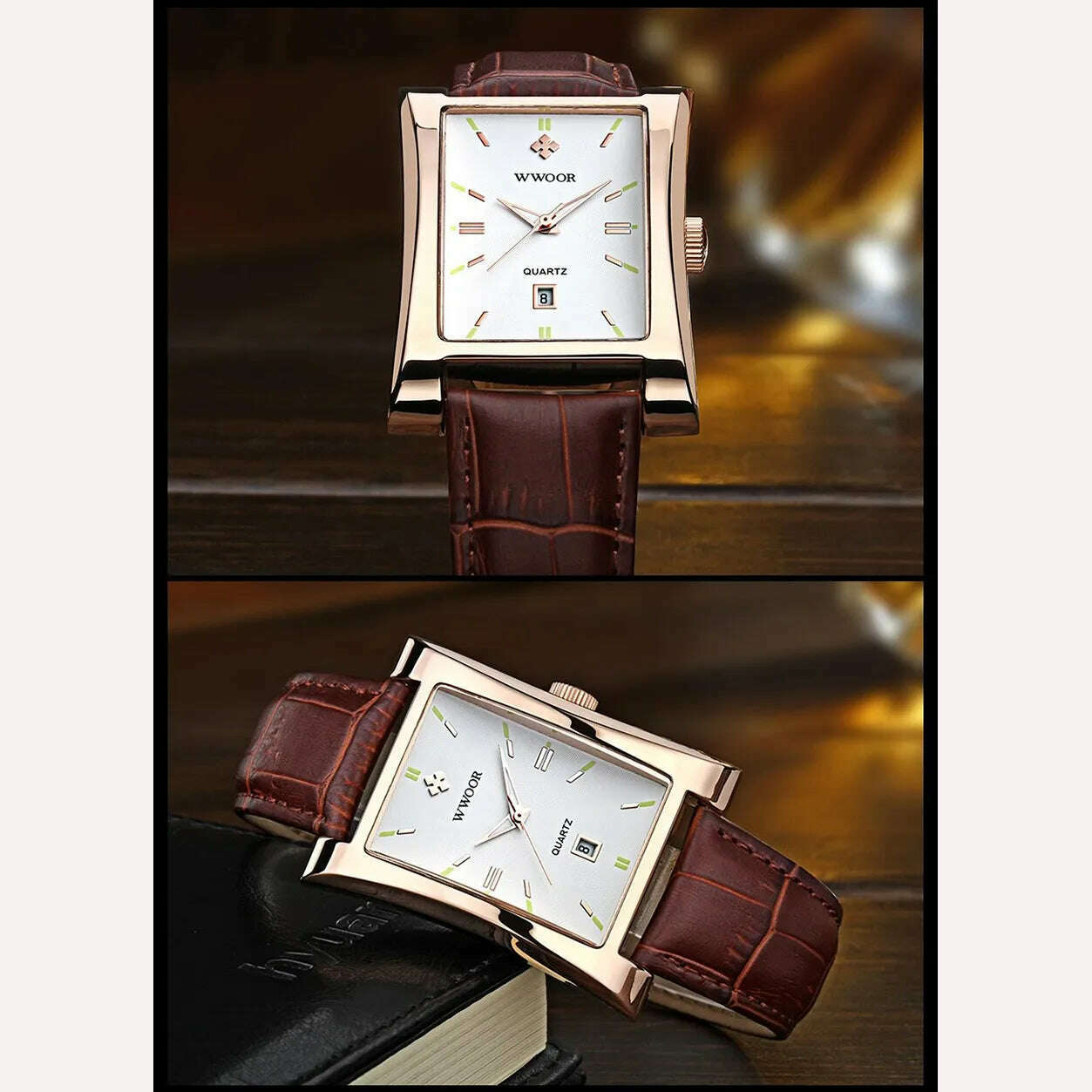 KIMLUD, WWOOR Brand Classic Fashion Mens Rectangle Watches Male Gold Brown Leather Quartz Waterproof Wrist Watch For Men Calendar Clocks, KIMLUD Women's Clothes
