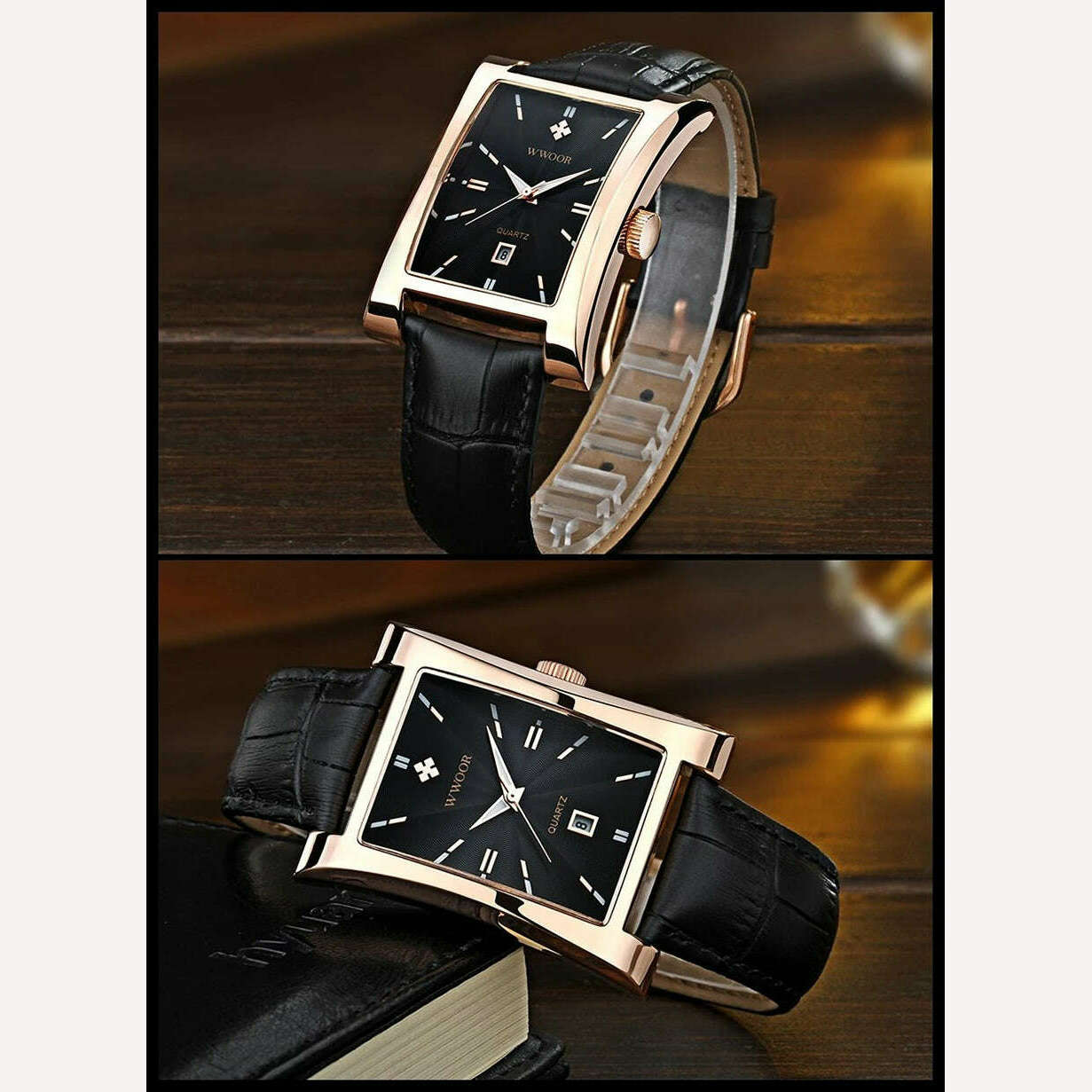 KIMLUD, WWOOR Brand Classic Fashion Mens Rectangle Watches Male Gold Brown Leather Quartz Waterproof Wrist Watch For Men Calendar Clocks, KIMLUD Womens Clothes