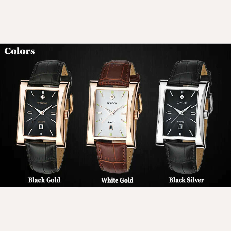 KIMLUD, WWOOR Brand Classic Fashion Mens Rectangle Watches Male Gold Brown Leather Quartz Waterproof Wrist Watch For Men Calendar Clocks, KIMLUD Women's Clothes