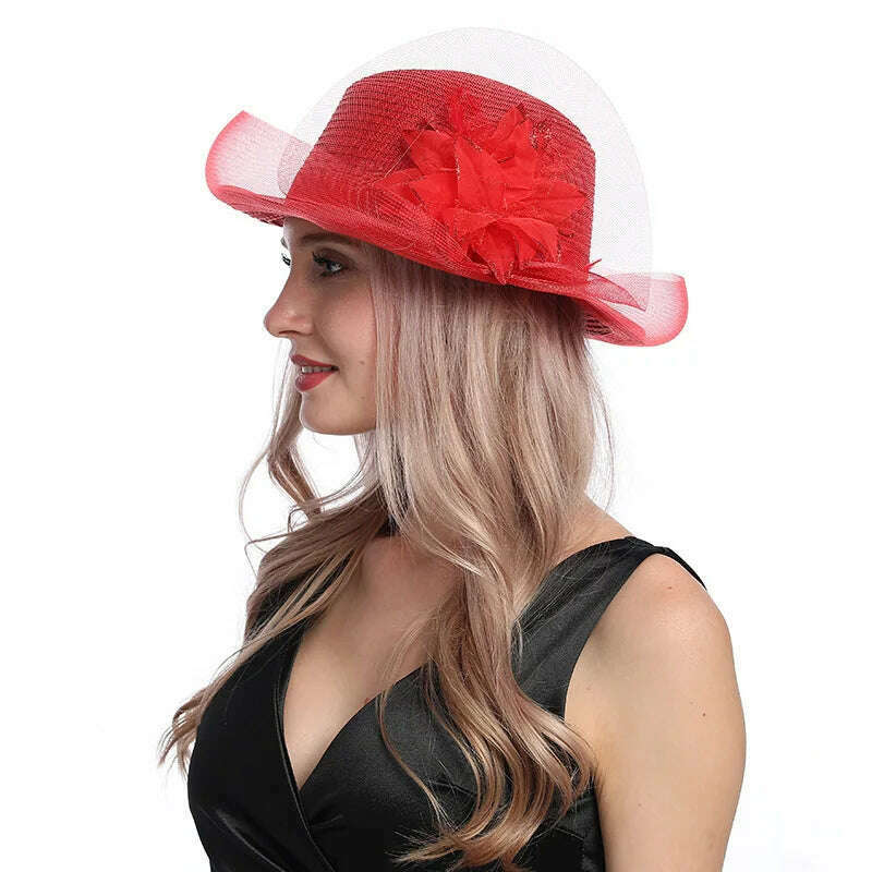 KIMLUD, X097 Summer Fashion Big Brim Sun Hat Wave Edge Temperament Leisure Sunshade Hat Women's Organza Big Flower Fisherman Hat, Red / Adjustable, KIMLUD Womens Clothes