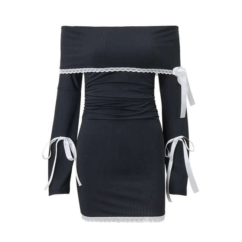 KIMLUD, Xeemilo Elegant Slash-neck Long Sleeve Dress Sexy Lace Patchwork Multi Bow Bandage Mini Dress Autumn Street Party Women Vestidos, KIMLUD Womens Clothes
