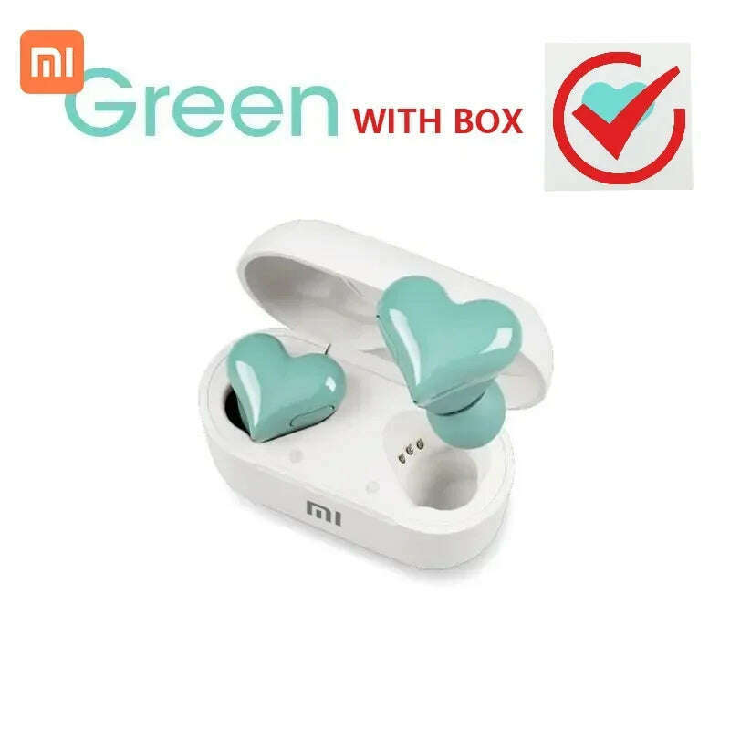 KIMLUD, XIAOMI Heart Shape Wireless Earphones TWS Earbuds Bluetooth-compatible Headset Women Fashion Gaming Student Headphones Girl Gift, GREEN With BOX, KIMLUD Womens Clothes