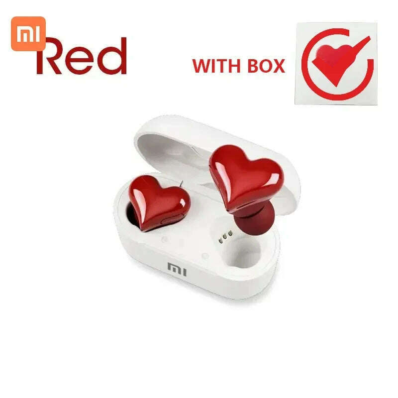 KIMLUD, XIAOMI Heart Shape Wireless Earphones TWS Earbuds Bluetooth-compatible Headset Women Fashion Gaming Student Headphones Girl Gift, RED With BOX, KIMLUD Womens Clothes
