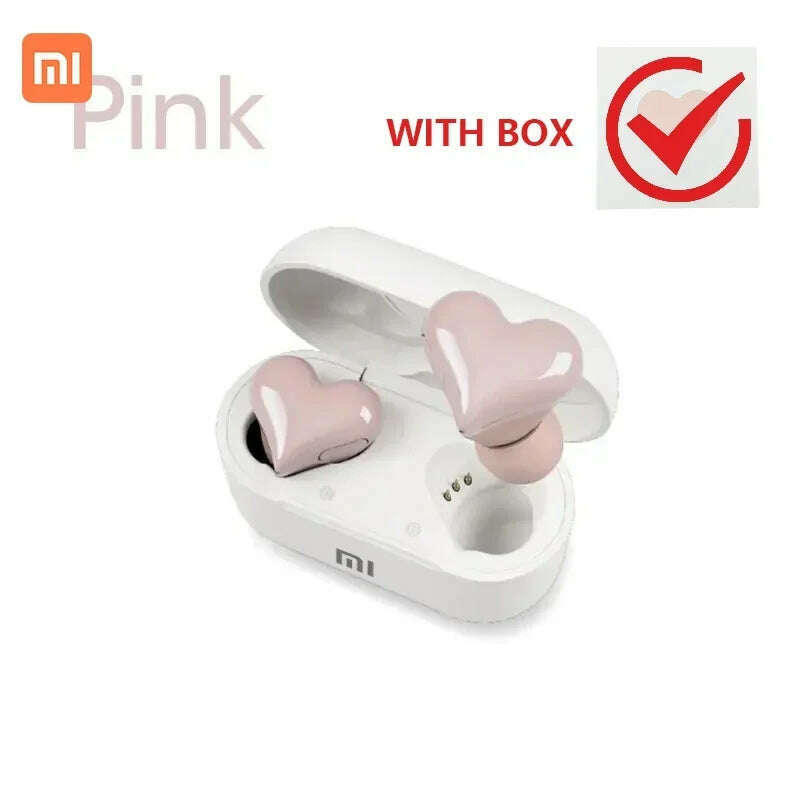 KIMLUD, XIAOMI Heart Shape Wireless Earphones TWS Earbuds Bluetooth-compatible Headset Women Fashion Gaming Student Headphones Girl Gift, PINK With BOX, KIMLUD Womens Clothes