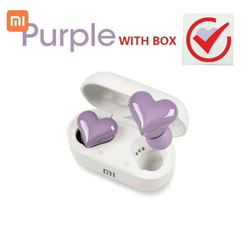 KIMLUD, XIAOMI Heart Shape Wireless Earphones TWS Earbuds Bluetooth-compatible Headset Women Fashion Gaming Student Headphones Girl Gift, PURPLE With BOX, KIMLUD Womens Clothes