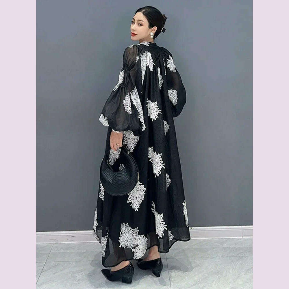 KIMLUD, XITAO Loose Print Dress Fashion Temperament Elegant Goddess Fan Women Autumn New Arrival V-neck Appear Thin Dress HQQ1452, KIMLUD Womens Clothes