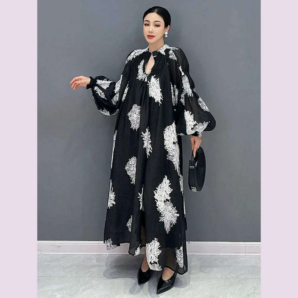 KIMLUD, XITAO Loose Print Dress Fashion Temperament Elegant Goddess Fan Women Autumn New Arrival V-neck Appear Thin Dress HQQ1452, KIMLUD Womens Clothes