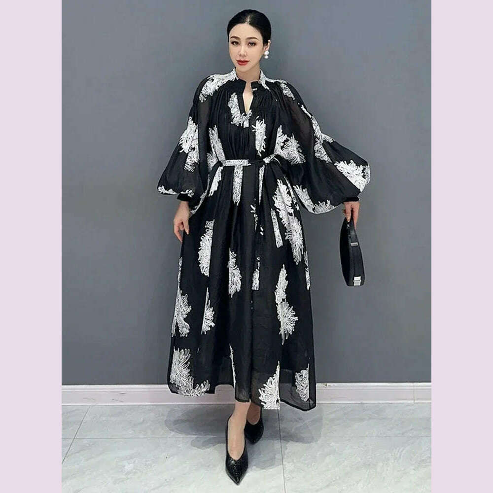 KIMLUD, XITAO Loose Print Dress Fashion Temperament Elegant Goddess Fan Women Autumn New Arrival V-neck Appear Thin Dress HQQ1452, KIMLUD Womens Clothes