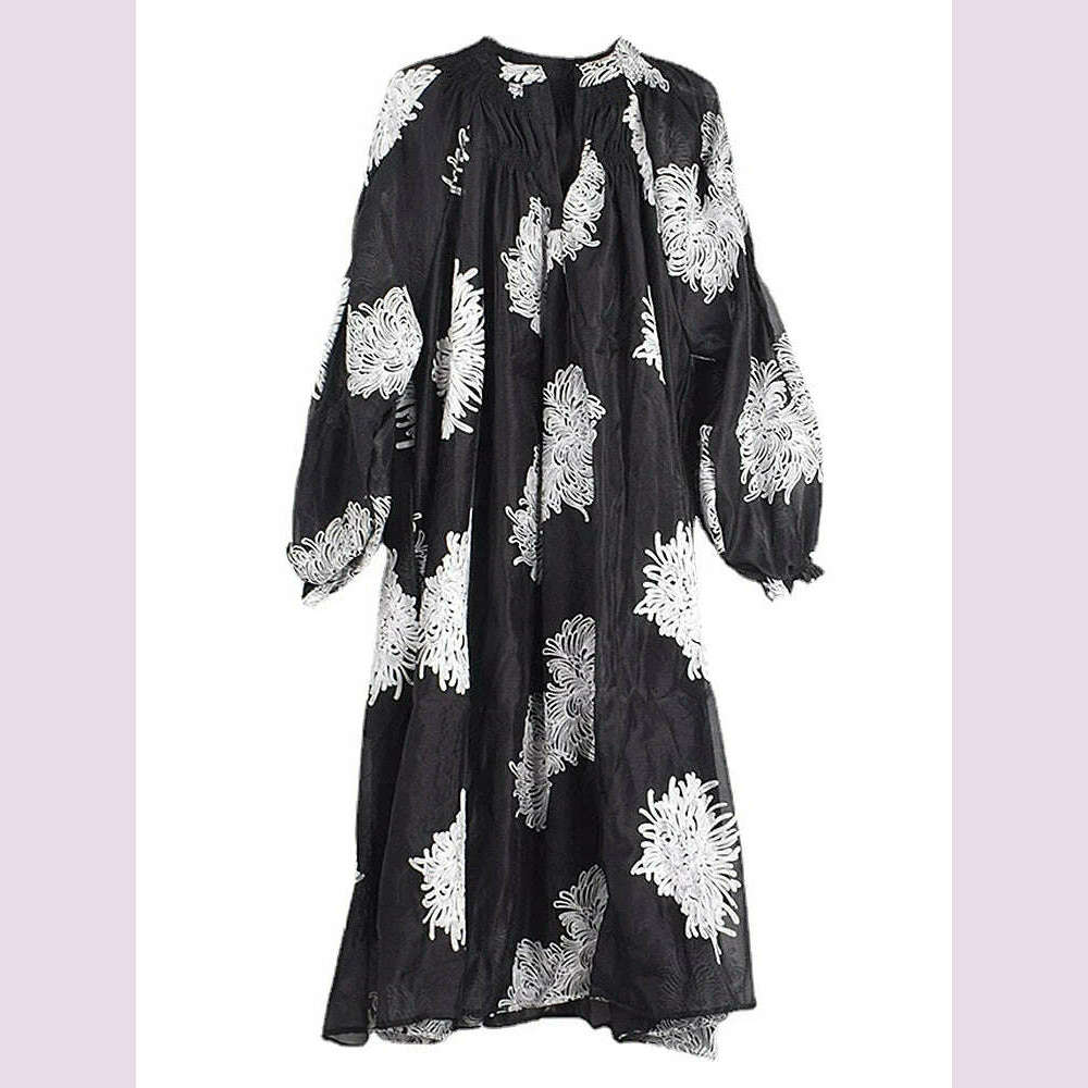 KIMLUD, XITAO Loose Print Dress Fashion Temperament Elegant Goddess Fan Women Autumn New Arrival V-neck Appear Thin Dress HQQ1452, black  HQQ1452 / One Size, KIMLUD APPAREL - Womens Clothes