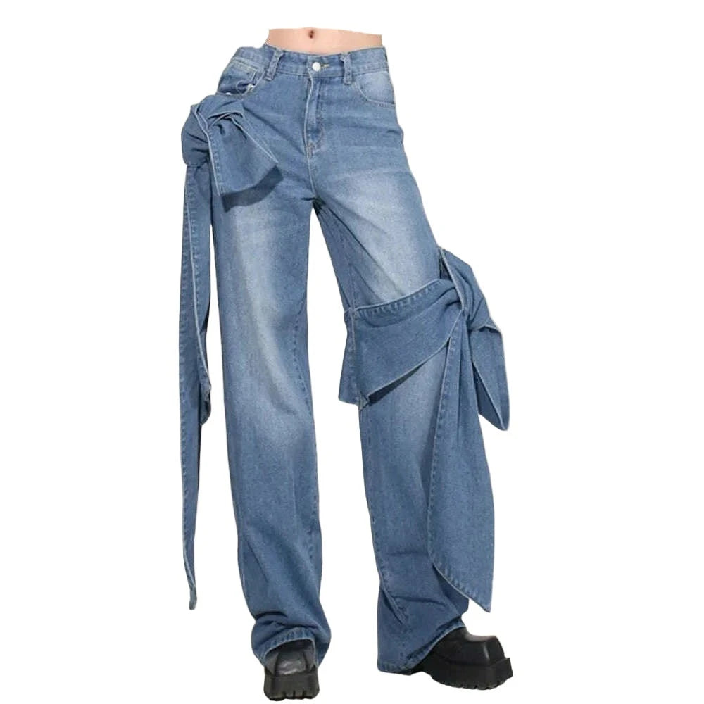 KIMLUD, XIWEN Casual Pants 2024 New Niche Patchwork Bow Design High Waisted Straight Leg Jeans For Women's Fashion XF1408, XL / Blue, KIMLUD APPAREL - Womens Clothes