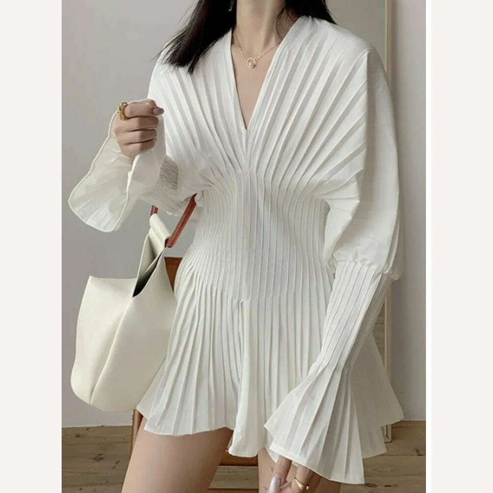 KIMLUD, XIWEN Fashion Women's Blouses Puff Sleeve Folds Solid Color V-neck Girdle Waist Slim Pullover Shirts Summer 2024 New XF840, S / White, KIMLUD Women's Clothes