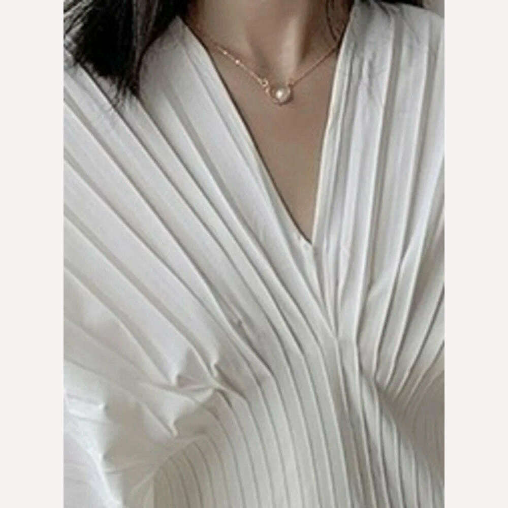 KIMLUD, XIWEN Fashion Women's Blouses Puff Sleeve Folds Solid Color V-neck Girdle Waist Slim Pullover Shirts Summer 2024 New XF840, KIMLUD Women's Clothes
