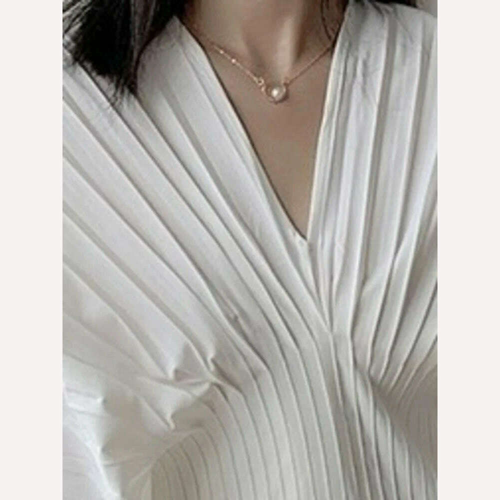 KIMLUD, XIWEN Fashion Women's Blouses Puff Sleeve Folds Solid Color V-neck Girdle Waist Slim Pullover Shirts Summer 2024 New XF840, KIMLUD Womens Clothes