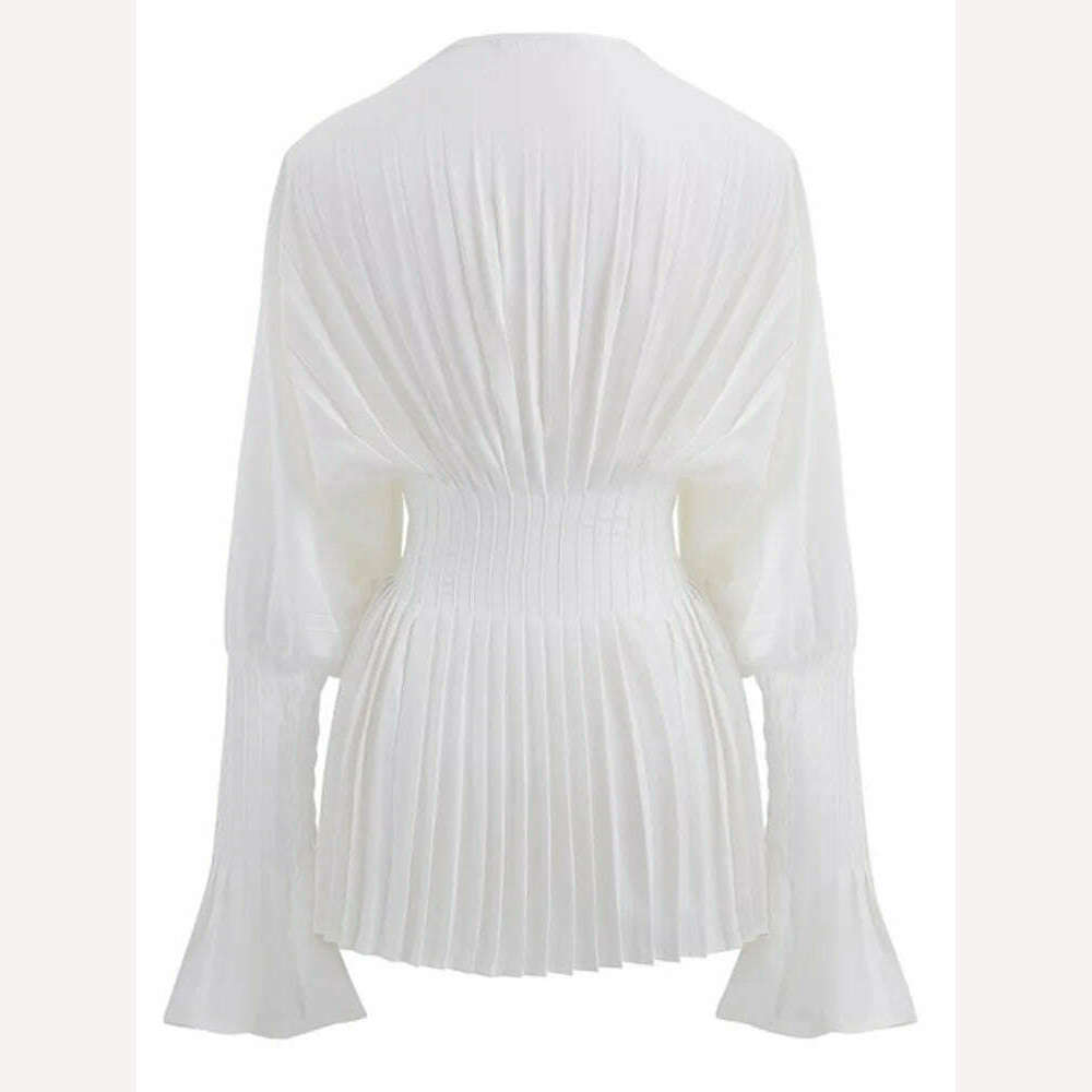 KIMLUD, XIWEN Fashion Women's Blouses Puff Sleeve Folds Solid Color V-neck Girdle Waist Slim Pullover Shirts Summer 2024 New XF840, KIMLUD Women's Clothes