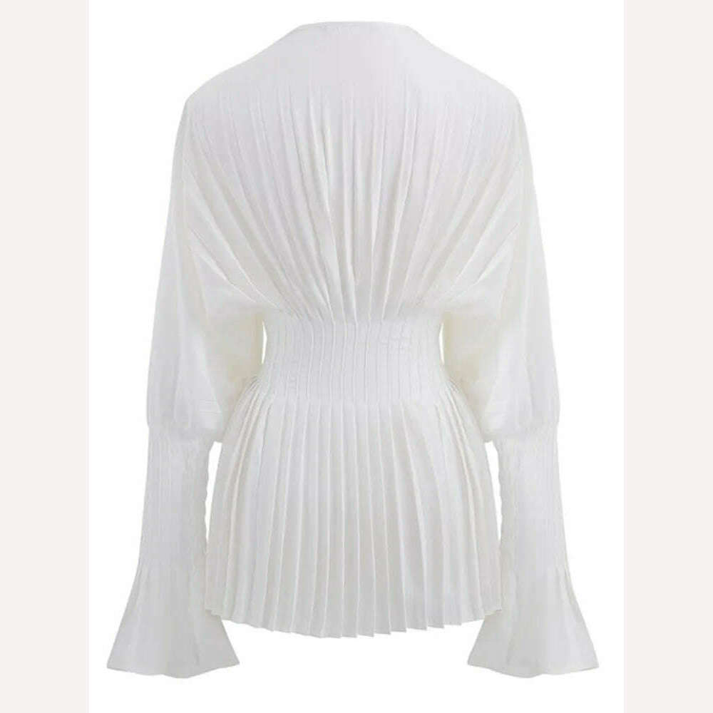 KIMLUD, XIWEN Fashion Women's Blouses Puff Sleeve Folds Solid Color V-neck Girdle Waist Slim Pullover Shirts Summer 2024 New XF840, KIMLUD Womens Clothes