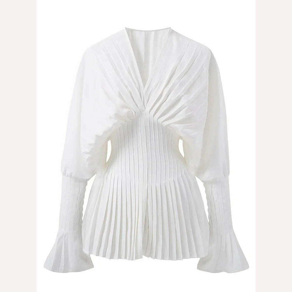 KIMLUD, XIWEN Fashion Women's Blouses Puff Sleeve Folds Solid Color V-neck Girdle Waist Slim Pullover Shirts Summer 2024 New XF840, KIMLUD Womens Clothes