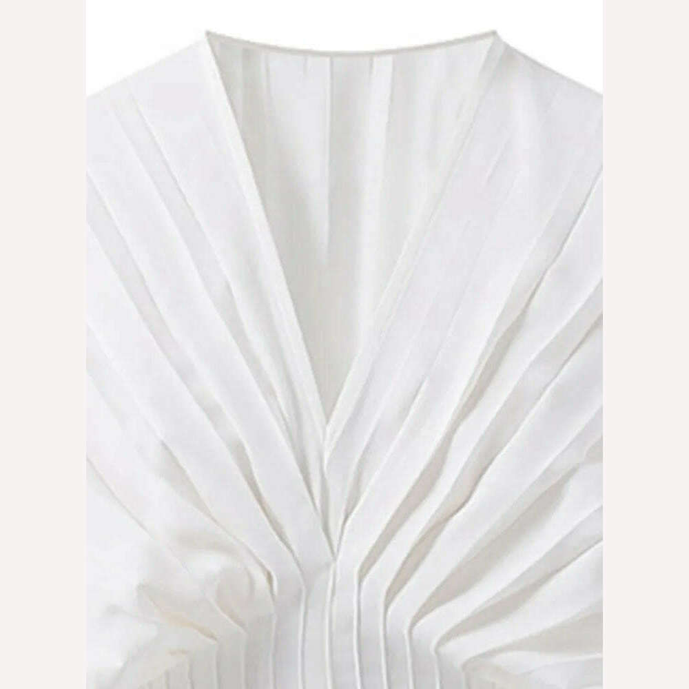 KIMLUD, XIWEN Fashion Women's Blouses Puff Sleeve Folds Solid Color V-neck Girdle Waist Slim Pullover Shirts Summer 2024 New XF840, KIMLUD Womens Clothes