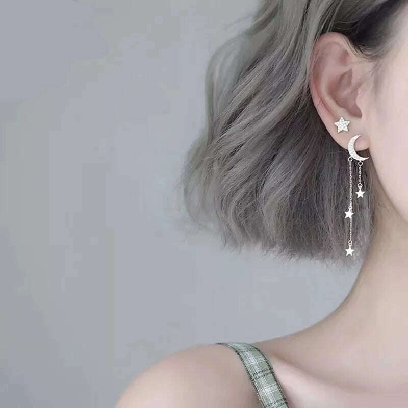 KIMLUD, XIYANIKE Silver Color  Moon Stars Tassel Earrings Charm Women Asymmetry Jewelry New Fashion Elegant Party Accessories Gift, Default Title, KIMLUD Women's Clothes