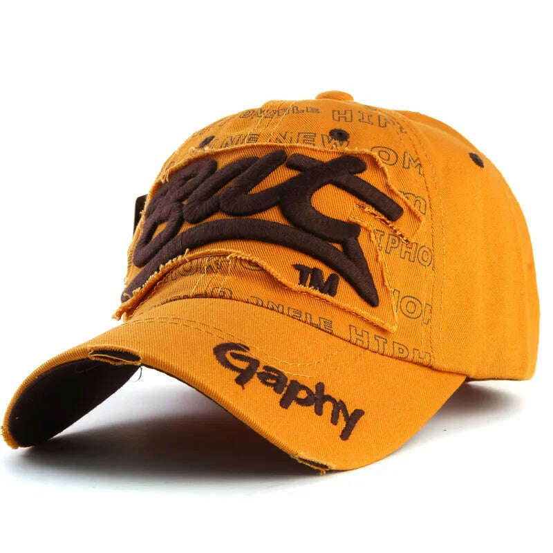 KIMLUD, Xthree Wholesale Snapback Hats Baseball Cap Hats Hip Hop Fitted Cheap Hats for Men Women Gorras Curved Brim Hats Damage Cap, deep yellow / adjustable, KIMLUD Womens Clothes