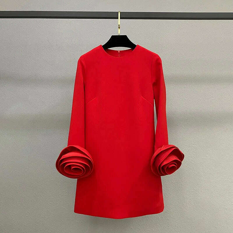 KIMLUD, y2k fall and winter wool and silk blend three-dimensional rose long sleeve Dresses2023 simple elegant and pretty women's dresses, red (color) / S, KIMLUD Womens Clothes