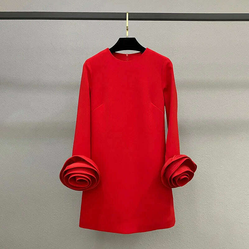 KIMLUD, y2k fall and winter wool and silk blend three-dimensional rose long sleeve Dresses2023 simple elegant and pretty women's dresses, red (color) / S, KIMLUD APPAREL - Womens Clothes