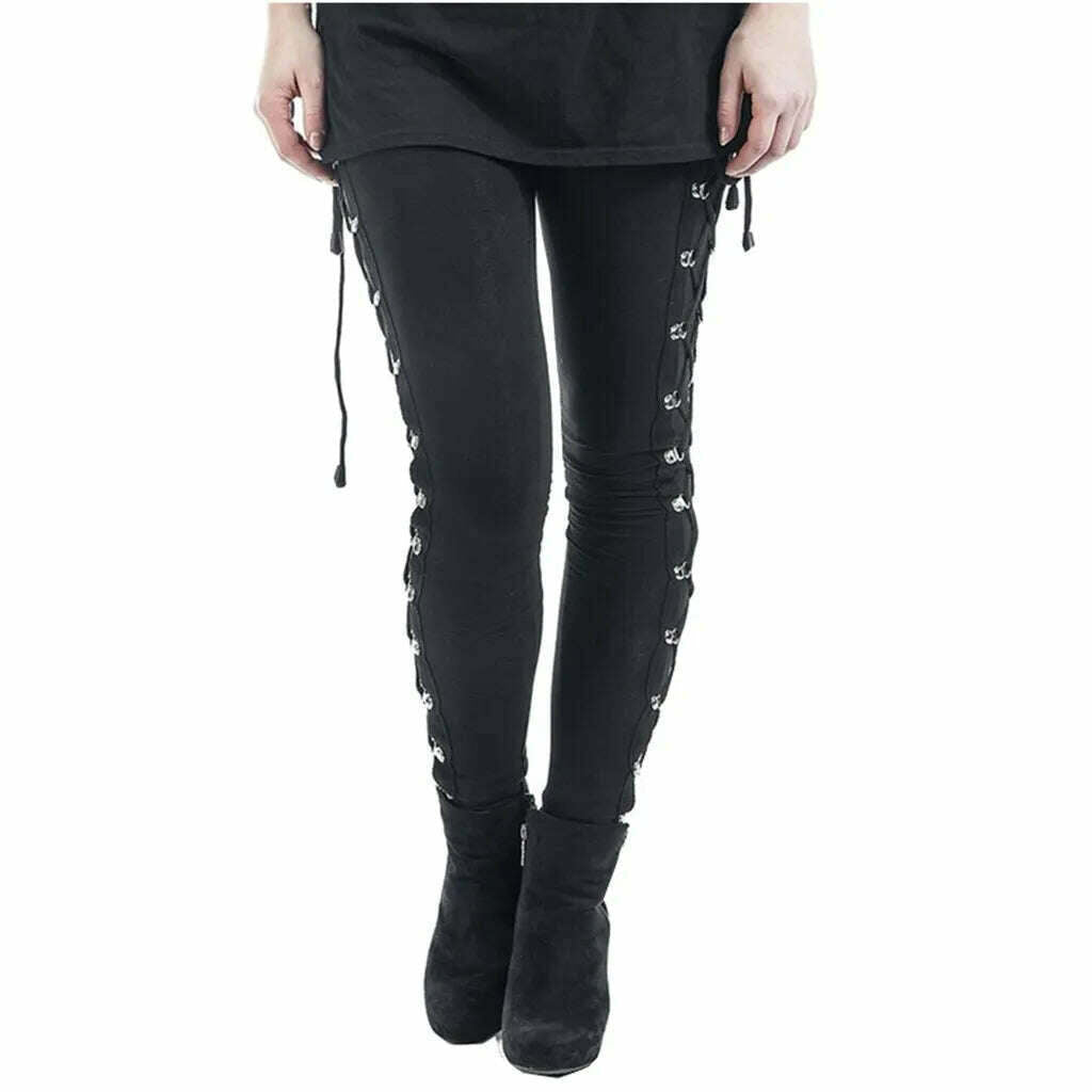 KIMLUD, Y2k Gothic Pants Women Ladies Harajuku Side Lace Up Leggings Black Skinny Pans Trousers Streetwear Vintage Punk Gothic Trousers, KIMLUD Womens Clothes