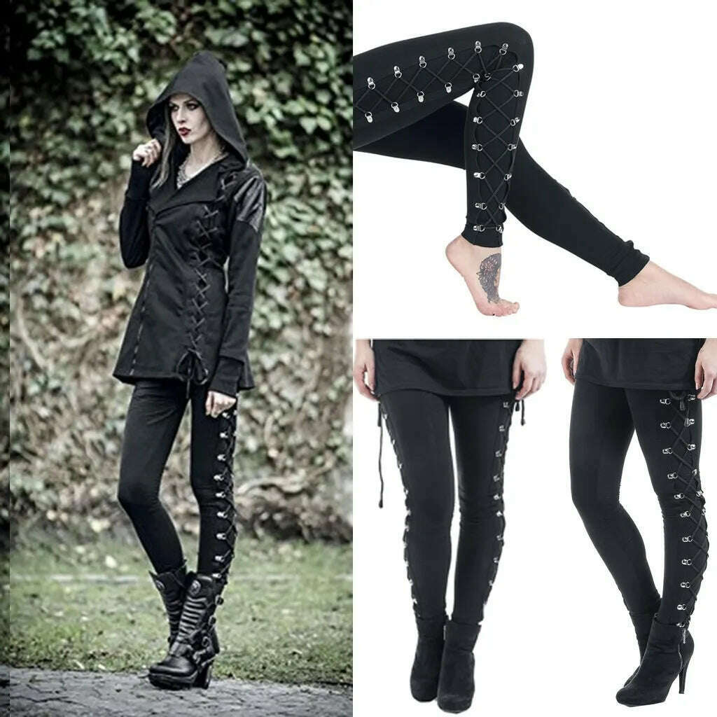 KIMLUD, Y2k Gothic Pants Women Ladies Harajuku Side Lace Up Leggings Black Skinny Pans Trousers Streetwear Vintage Punk Gothic Trousers, KIMLUD Women's Clothes
