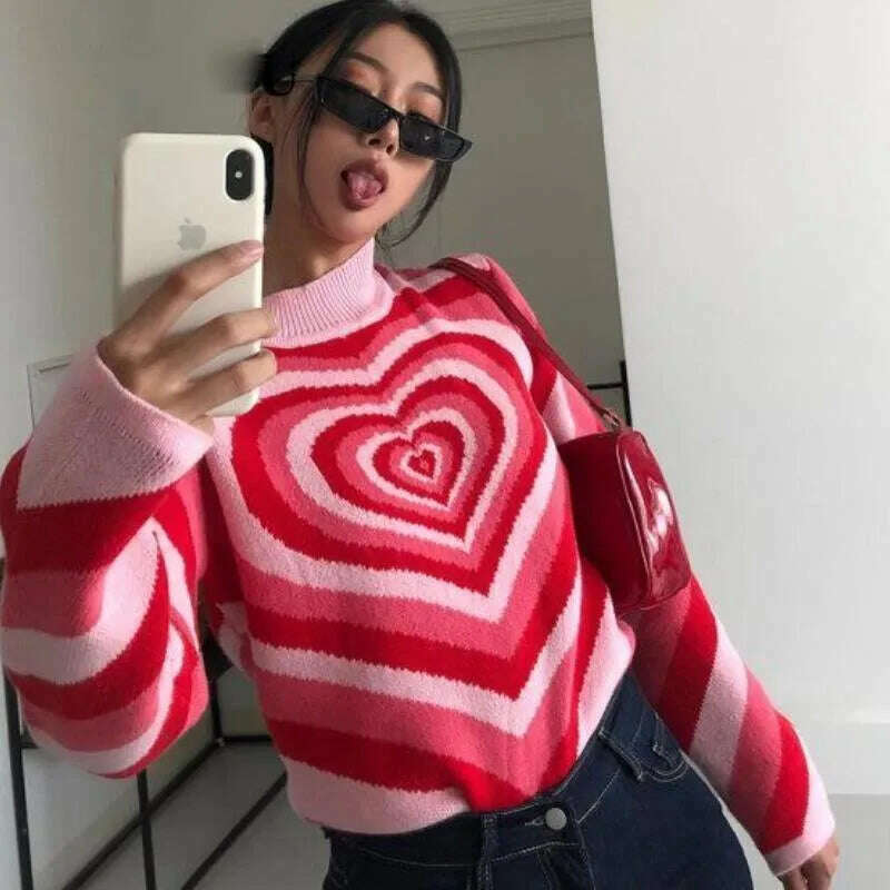 KIMLUD, Y2K Knitted Sweater Aesthetics Heart Striped Pullovers Sweater Girls Sweet Long Sleeve Turtleneck Jumper Autumn Streetwear, wtfno10-red / S, KIMLUD APPAREL - Womens Clothes