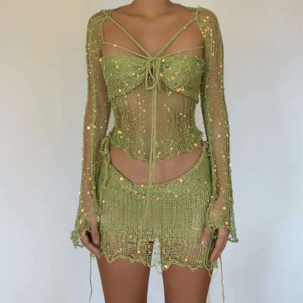KIMLUD, Y2k Sequined Two Piece Knitting Set Women Hollow Out Crop Top Luxury Wrap Dress 2023 Fashion Club Cloth Female 2 Piece Skirt Set, green / S, KIMLUD Womens Clothes